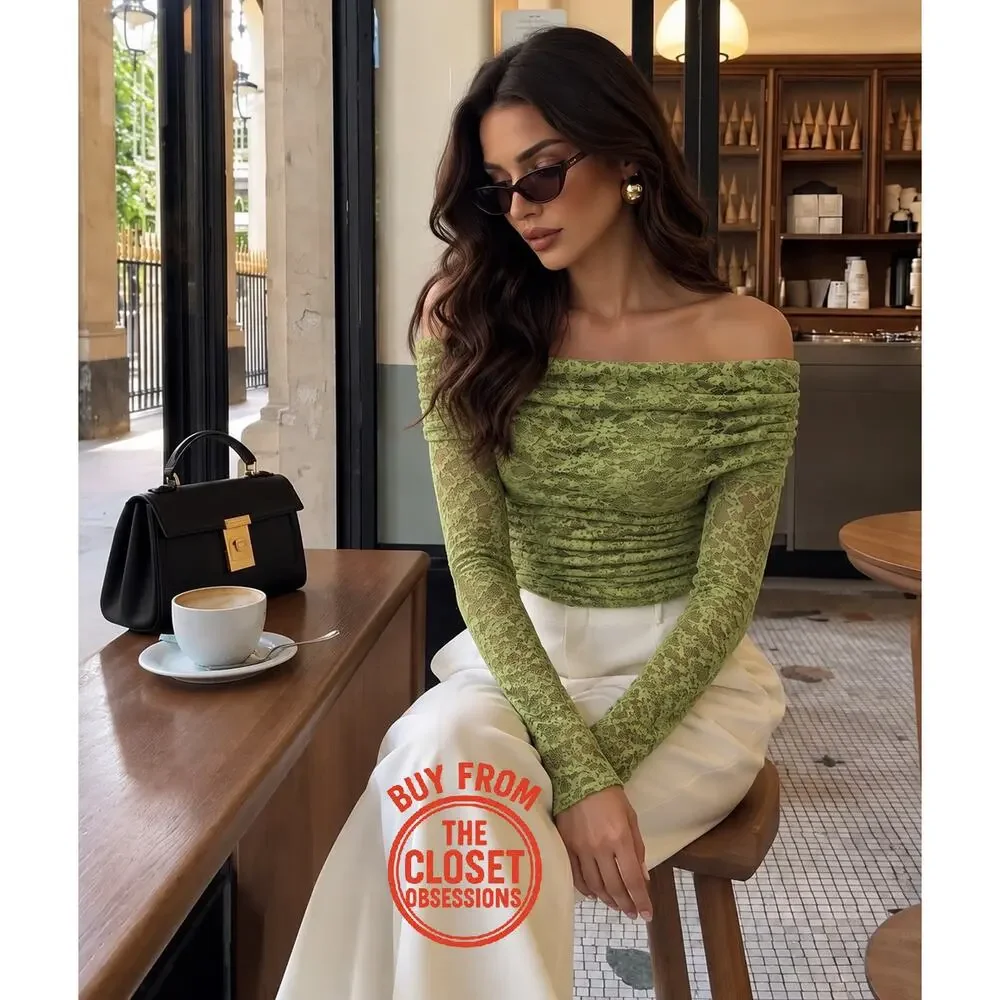 Zara NWT Pistachio Green Off Shoulder Lace Mesh Top M